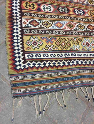 Qashqai kilim

Exemplary Qashqai kilim with lively sharp colors. golden yellows , light blues & grass greens gives a genuine soul into the kilim.Whites are made of cotton.
 the design is composed of  ...