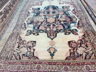 Antique Kerman carpet with astonishing medallion , the carpet is worn particularly in white areas of field.
Circa 1850 , size 378 * 248 cm 
        