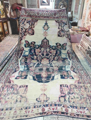 Antique Kerman carpet with astonishing medallion , the carpet is worn particularly in white areas of field.
Circa 1850 , size 378 * 248 cm 
        