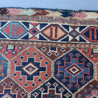 Shahsavan reverse soumak, 19C. Measures roughly 62cmx60cm.  Natural colours with cochineal. Good condition ...some surface wear and minor side splitting... see pics. Quite a floppy handle for this type.

Ships from Australia.

richardfromdurban@gmail.com  ...
