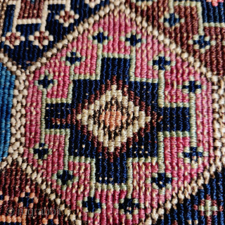 Shahsavan reverse soumak, 19C. Measures roughly 62cmx60cm.  Natural colours with cochineal. Good condition ...some surface wear and minor side splitting... see pics. Quite a floppy handle for this type.

Ships from Australia.

richardfromdurban@gmail.com  ...