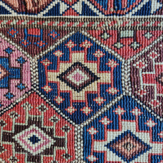 Shahsavan reverse soumak, 19c. Measures roughly 62cmx60cm. Excellent range of natural colours including cochineal. Comes with original back. Good condition ...some surface wear and minor side splitting... see pics. Great old piece.  ...