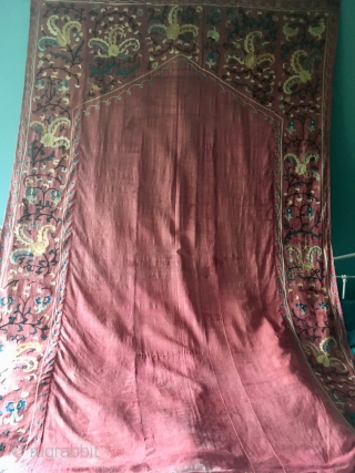 Prayer Suzani C19th  Silk  236 cm  by  149 cm   Tapestry style lining 
Pay PayPal   postage included   for UK only  
  