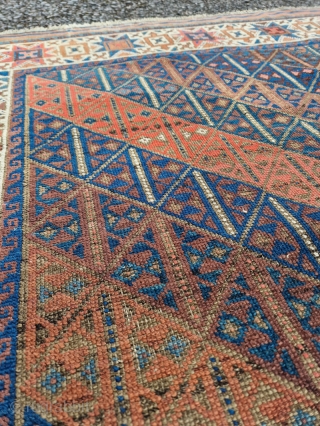 Symmetrically knotted Baluch / Balouch / Beluch rug with an unusual "tobacco" star border and a great field. In natural light you can see subtle abrash in the deep blues/greens and reds  ...
