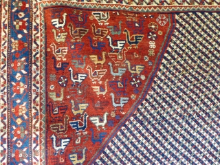 Ref 1529 Khamseh carpet. Circa 1900 with natural dyes. Unusual squareish size. 6'8 x 6'1 - 205 x 185.  In good condition without restoration        