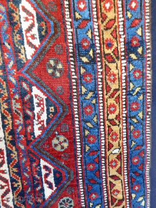 Ref 1637 Antique Khamseh rug, circa 1880. 6'11 x 4'11 - 210 x 150.  Low but not worn with few small restorations. Sides replaced. Absolutely brilliant fresh colours    