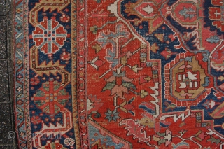 Very Pretty late 19th/ early 20th century Heriz village carpet 358 x 243 cm  (11ft 11" x 8ft 1") all natural dyestuffs. colours: rust red, dark blue, light blue, ockre, green,  ...