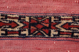 Very fine antique Tekke Turkoman ala (red) chuval 113 x 66 cm (3ft 9" x 2ft 2") 2nd third 19th century. All natural dyestuffs, colours: red, pinkish red, dark blue, greenish blue,  ...