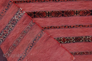 Very fine antique Tekke Turkoman ala (red) chuval 113 x 66 cm (3ft 9" x 2ft 2") 2nd third 19th century. All natural dyestuffs, colours: red, pinkish red, dark blue, greenish blue,  ...