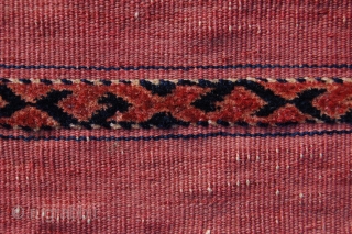 Very fine antique Tekke Turkoman ala (red) chuval 113 x 66 cm (3ft 9" x 2ft 2") 2nd third 19th century. All natural dyestuffs, colours: red, pinkish red, dark blue, greenish blue,  ...