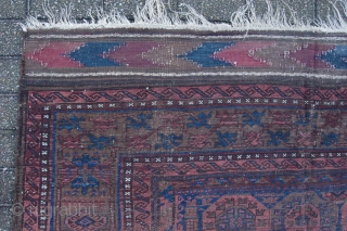 Pre 1900 antique Baluch main rug 289 x 184 cm (9ft 8" x 6ft 2") 19th century. All natural dyes, colours: red, red brown, brown (corrosion), dark brown, dark blue, white. condition:  ...