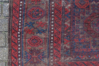 Pre 1900 antique Baluch main rug 289 x 184 cm (9ft 8" x 6ft 2") 19th century. All natural dyes, colours: red, red brown, brown (corrosion), dark brown, dark blue, white. condition:  ...