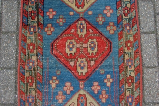 Antique North West Persian Heriz area village rug  141 x 76 cm (4ft 8" x 2ft 6") Last quarter 19th century. All natural dyes. Condition: used, good evenly low pile with  ...