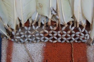 Ethnographic Asmat tribe plant fibre bag with plant seed "beads" and feather decoration 21 x 26 cm (8" x 10") Papua New Guinea. Condition: very good, mounted on a frame.   