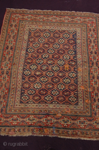 Early Antique Shirvan 138 x 119 cm (4ft 7" x 3ft 11") 19th century, high quality fine weave, beautiful colours of all natural dyes, woolen warps and wefts,  Condition: good but  ...