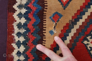 rare small size Antique Qashqai kilim, 154 x 84 cm (5ft 2" x 2ft 9") last quarter 19th century, Condition: good with damages and wear, original bottom ending complete with braided ends,  ...