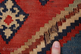 rare small size Antique Qashqai kilim, 154 x 84 cm (5ft 2" x 2ft 9") last quarter 19th century, Condition: good with damages and wear, original bottom ending complete with braided ends,  ...