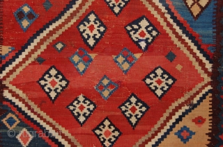 rare small size Antique Qashqai kilim, 154 x 84 cm (5ft 2" x 2ft 9") last quarter 19th century, Condition: good with damages and wear, original bottom ending complete with braided ends,  ...