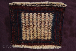 very fine Baluch Chanteh smallbag 32 x 24 cm (1ft 1" x 10") 19th century float wefted field with soumac surrounds all natural dyes colours blue, white, purplish brown, dark brown, red.  ...