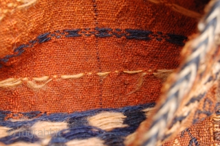 Antique Zileh technique Kurdi Chanteh personal bag, 23 x 22 cm (11" x 11") first part 20th century  natural and chemical(?) dyes  colours: orange (running), dark blue, white, brown (undyed)  ...