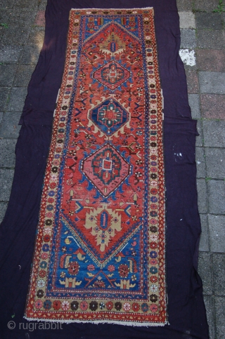 Antique Heriz (not Karadja) runner 322 x 100 cm ( 10ft 9" x 3ft 4") late 19th/early 20th century all natural dyes  colours: red, dark blue, mid blue, ocre, green, soft  ...