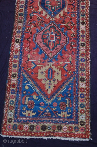 Antique Heriz (not Karadja) runner 322 x 100 cm ( 10ft 9" x 3ft 4") late 19th/early 20th century all natural dyes  colours: red, dark blue, mid blue, ocre, green, soft  ...