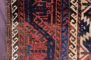 Meaty camelground tribal Baluch rug 134 x 93 cm  (4ft 10" x 3ft 1") last quarter 19th century. All natural dyestuffs, colours: red, dark blue, blueish green, camel, brown, dark brown  ...