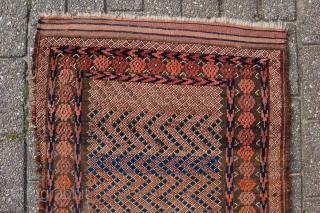 Antique tribal Baluch prayer rug 129 x 73 cm (4ft 4" x 2ft 5") 19th century. All natural dyes. Condition: as shown, medium to low pile all over with some places of  ...