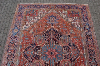 Antique Heriz carpet 377 x 269 cm (12ft7" x 9ft), around 1920. All natural dyestuffs, Condition: (very) good, good evenly medium to low pile (minor wear), 0riginal sides complete and intact (wear  ...