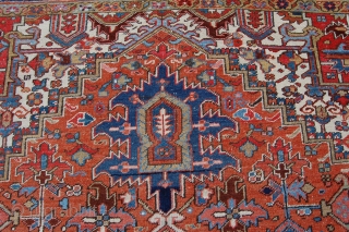 Antique Heriz carpet 377 x 269 cm (12ft7" x 9ft), around 1920. All natural dyestuffs, Condition: (very) good, good evenly medium to low pile (minor wear), 0riginal sides complete and intact (wear  ...