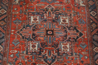 Antique Heriz village carpet 364 x 275 cm (12ft 2" x 9ft 2') around 1900. All natural dyes. Good condition: evenly low pile all over (some scattered neat soumac repairs, see pics),  ...