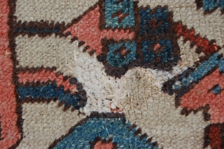 Antique Heriz village carpet 364 x 275 cm (12ft 2" x 9ft 2') around 1900. All natural dyes. Good condition: evenly low pile all over (some scattered neat soumac repairs, see pics),  ...