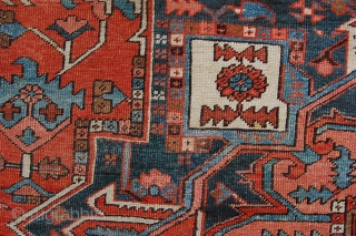 Antique Heriz village carpet 364 x 275 cm (12ft 2" x 9ft 2') around 1900. All natural dyes. Good condition: evenly low pile all over (some scattered neat soumac repairs, see pics),  ...