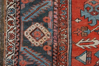 Antique Heriz village carpet 364 x 275 cm (12ft 2" x 9ft 2') around 1900. All natural dyes. Good condition: evenly low pile all over (some scattered neat soumac repairs, see pics),  ...