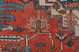 Antique Heriz village carpet 364 x 275 cm (12ft 2" x 9ft 2') around 1900. All natural dyes. Good condition: evenly low pile all over (some scattered neat soumac repairs, see pics),  ...