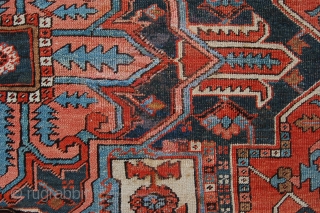 Antique Heriz village carpet 364 x 275 cm (12ft 2" x 9ft 2') around 1900. All natural dyes. Good condition: evenly low pile all over (some scattered neat soumac repairs, see pics),  ...