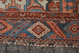 Antique Heriz village carpet 364 x 275 cm (12ft 2" x 9ft 2') around 1900. All natural dyes. Good condition: evenly low pile all over (some scattered neat soumac repairs, see pics),  ...