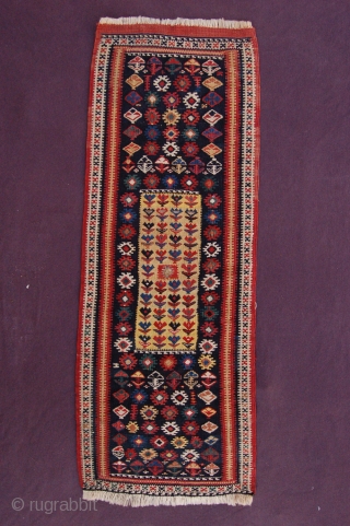 Exceptional size exquisite wool silk and metal thread Antique Caucasian Kurdish kilim long bagface 90 x 33 cm (3ft x 1ft 1") last quarter 19th century. All natural dyes, colours: dark blue,  ...