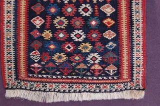 Exceptional size exquisite wool silk and metal thread Antique Caucasian Kurdish kilim long bagface 90 x 33 cm (3ft x 1ft 1") last quarter 19th century. All natural dyes, colours: dark blue,  ...