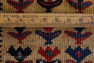 Exceptional size exquisite wool silk and metal thread Antique Caucasian Kurdish kilim long bagface 90 x 33 cm (3ft x 1ft 1") last quarter 19th century. All natural dyes, colours: dark blue,  ...