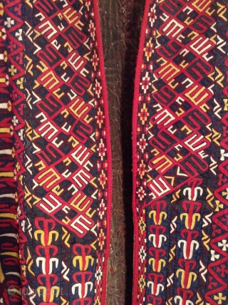 This is a Turkmen Chirpy.  It is worn over the head like a mantle.  The black silk fabric signifies that it was worn by an unmarried woman, whereas a yellow  ...
