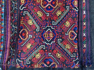 This is a jacket made by the Miao people, one of the largest minority groups in China.  It is an Indigo dyed cotton fabric which is very dark blue-black.  The  ...