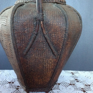 Japanese Bamboo Basket, late 19th century, comes with bamboo insert for flower arrangements.
This basket has a very unusual weave.  There is a design woven into the basket and it is much  ...