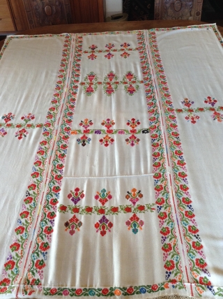 This is a  Palestinian wedding shawl.  It dates from about the early to mid 20th century.  The embroidery is a cross stitch and the colors are very vibrant as  ...
