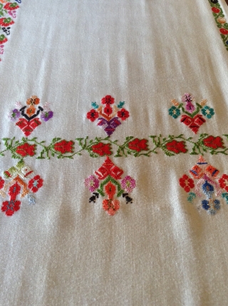 This is a  Palestinian wedding shawl.  It dates from about the early to mid 20th century.  The embroidery is a cross stitch and the colors are very vibrant as  ...