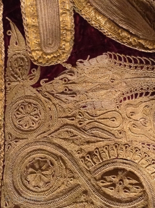 This is a coat from Albania which was part of the Ottoman Empire before the First World War.  The Gold couching work is typical of the Turkish style which was very  ...