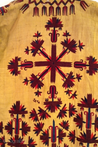 This is a rare Turkmen Chirpy. The yellow color signifies that the lady who wore it was a married woman or simply an older woman.  It is all silk and heavily  ...