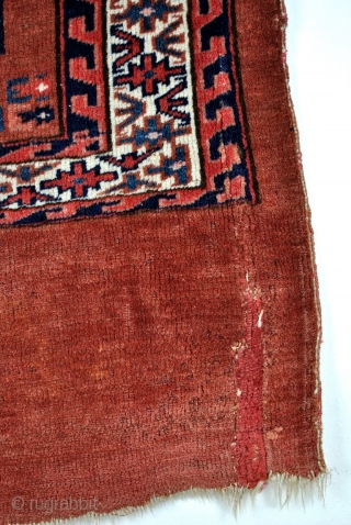 Turkmen Yomuth chuval 78 x 118 Cm. 
Silky wool, very fine knotted, 64 nkn/Cm. 
Old repairs.                 