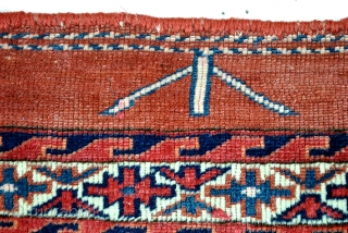 Turkmen Yomuth chuval 78 x 118 Cm. 
Silky wool, very fine knotted, 64 nkn/Cm. 
Old repairs.                 