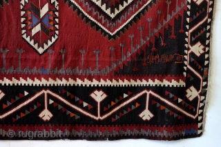 Large Kilim, dated 1919 with Armenian letters,  North Azerbeidzjan, Kuba area. 
A restauration behind the letters. 
Size 203 x 353 Cm's. 
          